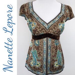 NANETTE LEPORE 100% Silk Espresso Brown Paisley Blouse, Size 4